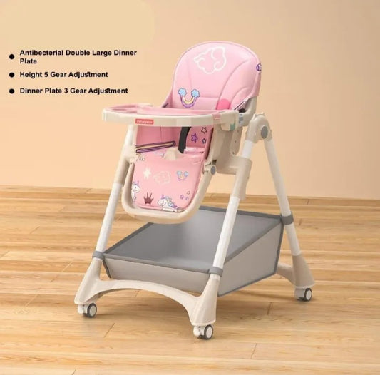 Foldable baby high chair with 6 height adjustment levels, wheels, soft cushion BD124